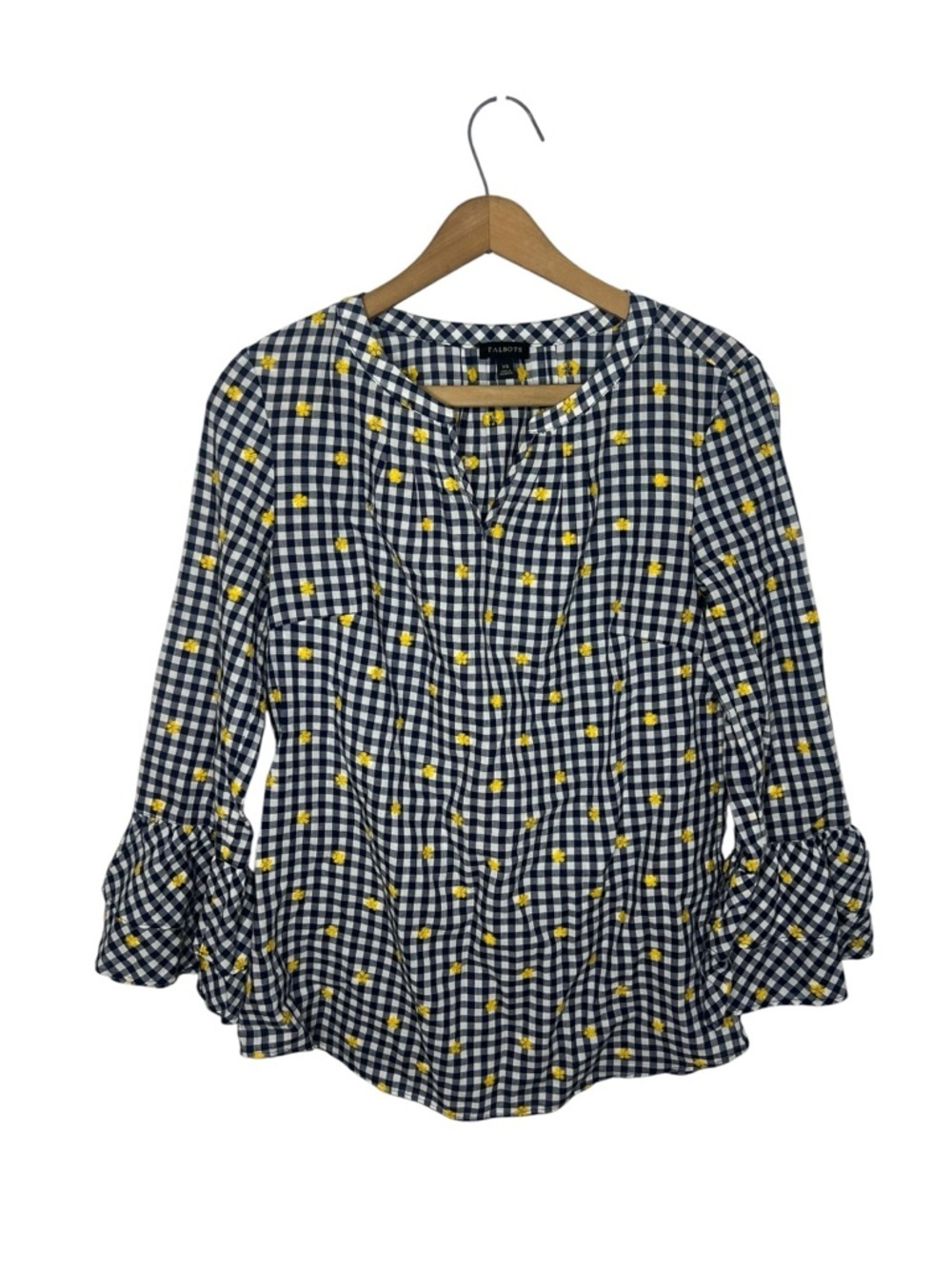 Talbots Gingham Floral Embroidered Blouse Check Ruffle Sleeve Cottagecore Top